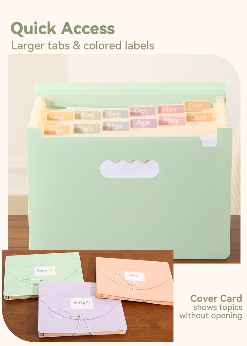 SortRax Accordion File Organizer 12 Pockets, Monthly Bill Receipt Tax Organizer, Expanding File Folders with Larger Bright Tabs, Fits Letter/A4 Size - Green - Image 4